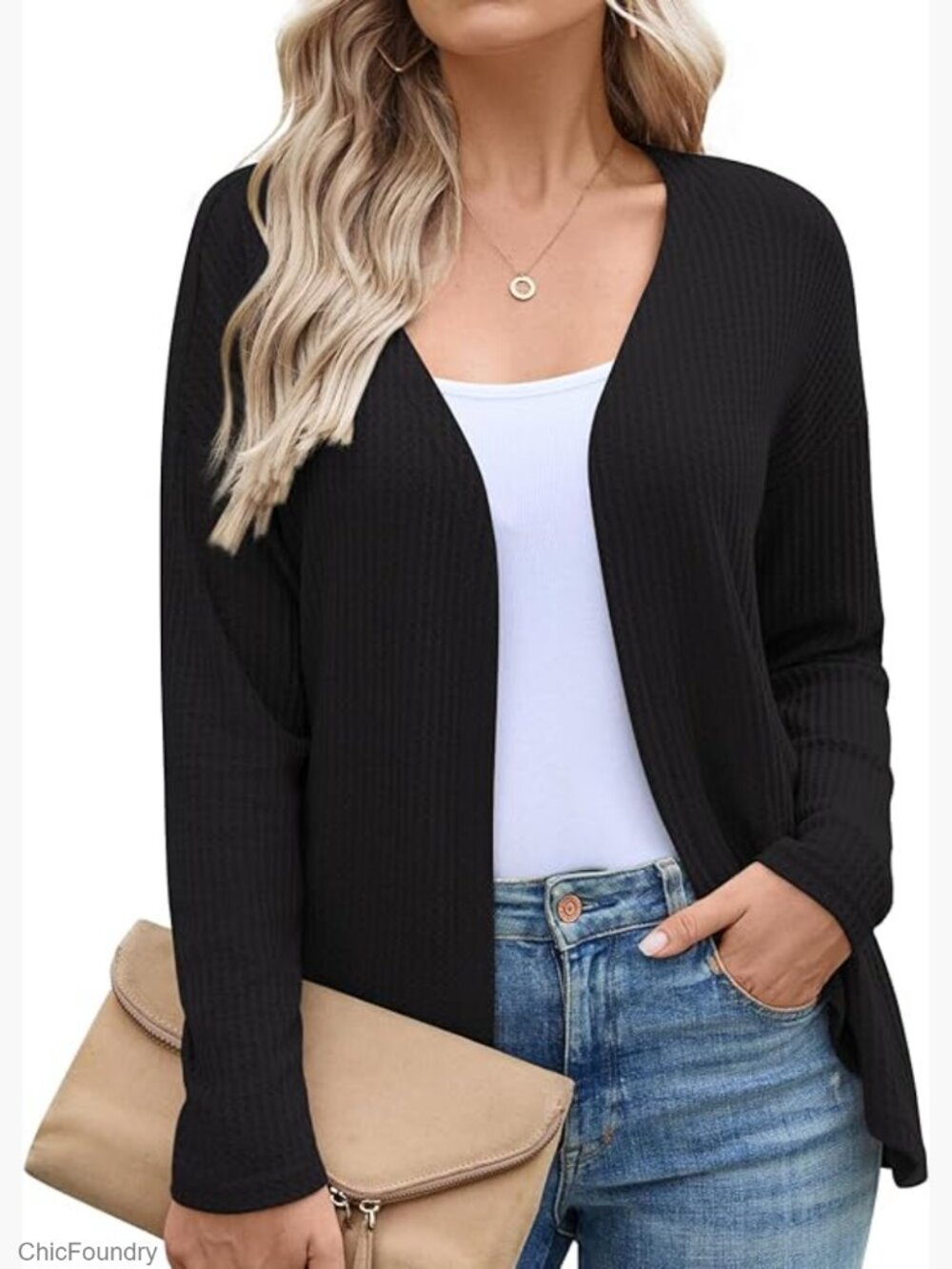 Lightweight Cropped Cardigan Waffle Knit Open Front Top M-3XL